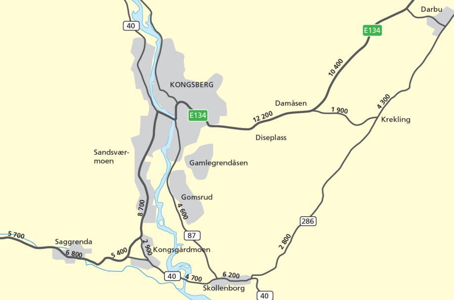 Veg- og trafikkforhold I forbindelse med planarbeidet for E134 Damåsen Saggrenda er det gjennomført trafikkberegninger med en regional transportmodell (RTM).