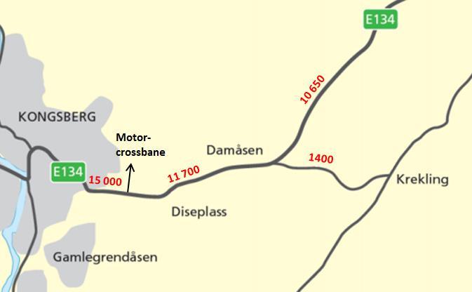 Resultatet er vist i figuren under. Figur 5: ÅDT på dagens E134 og omliggende vegnett (2010-tall). (Kilde: Statens vegvesen).