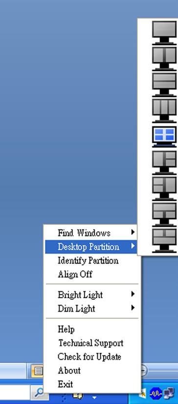 Align On/Align Off (Juster på/av) For å aktivere/deaktivere automatisk justering med dra og slipp. 5. Exit (Avslutt) Lukker Skrivebordspartisjon og Vis tuning.