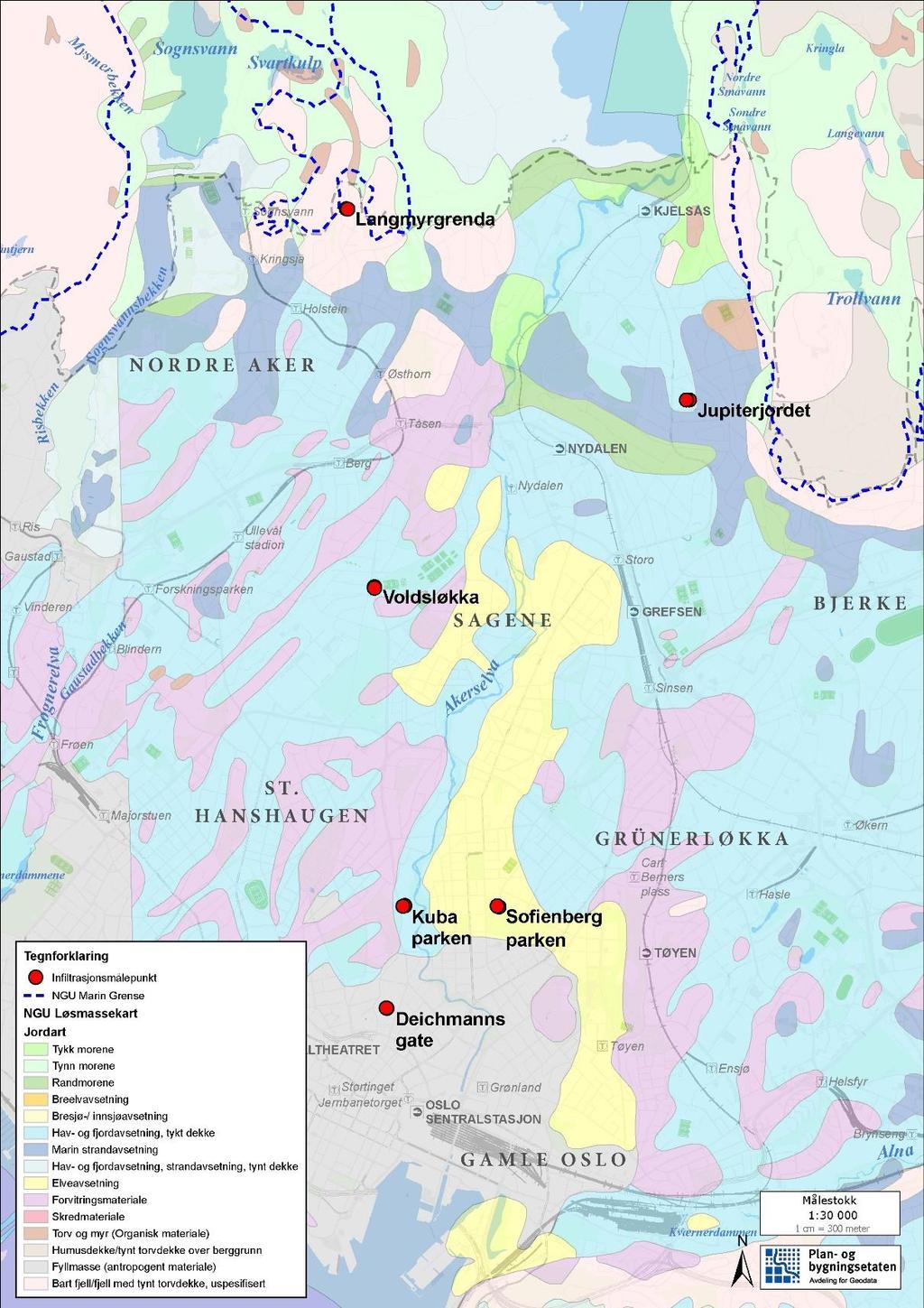 1.11.2 Presentasjon av lokaliteter Lokalitetene som ble valgt ut for å undersøke metoder for måling av infiltrasjonsevne er markert som røde punkter på