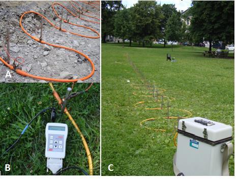 ERT-linjen ble lagt ut langs bakken og festet til 48 elektroder i 0,5 m avstand (Figur 13). Avstanden ble valgt for å få detaljert informasjon nær overflaten (Abem, 2012; Loke, 2010).