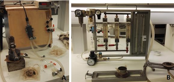 Figur 31: Trykkammer (A) og jordprøver plassert på keramiske plater koblet via et rør til trykkammer (B). Vannet i jordprøvene blir ekstrahert ved ulike sug og ledet ut, inntil likevekt var oppnådd.