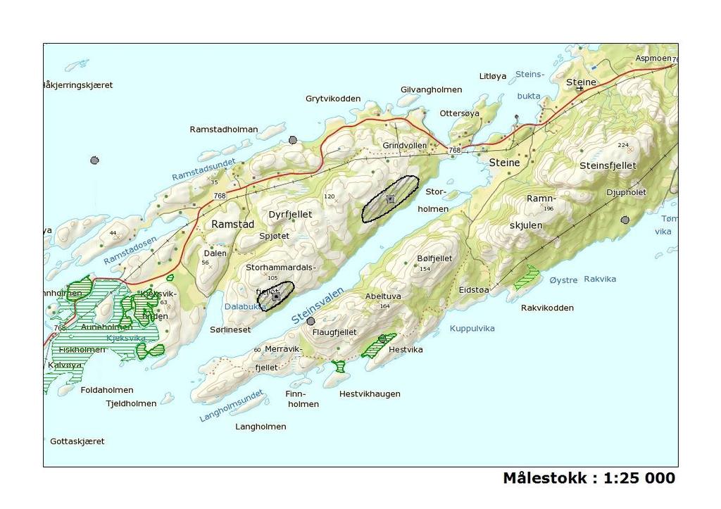 Side 5 av 9 terrenget, i ei vestvendt gryte. Terrenget mellom utsettingsområdet og slåttemarka er lavkupert, og umiddelbart øst for slåttemarka reiser terrenget seg bratt til ca 50 75 meters høyde.