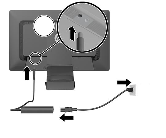 5. Koble den runde enden på strømledningen til strøm INN-kontakten på baksiden av skjermen. Koble hun-enden av strømledningen med tre pinner til strømforsyningen, og han-enden i en stikkontakt.