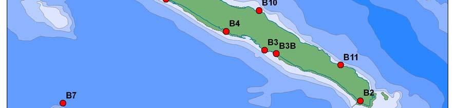 Stasjoner for innsamling av blåskjell og gjennomføring strandsoneregistreringer (se også Figur 2). Posisjoner er bestemt ved hjelp av GPS. er kontrollstasjonen på Mølen.
