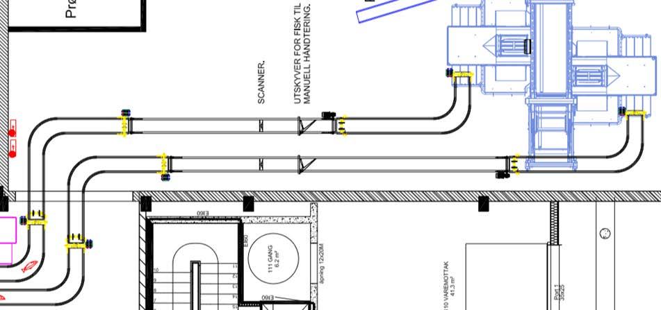 Det er en skanner for hver linje og de er som vist på tegningen plassert i forkant av utkastet for fisk som er nedgradert.