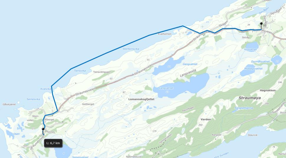 Vi har sett på 2 alternative traseer for fremføring av vann til Seines: Alternativ 1: Ny vannledning fra Seivåg langs fv. 580 frem til Seines. Fig.