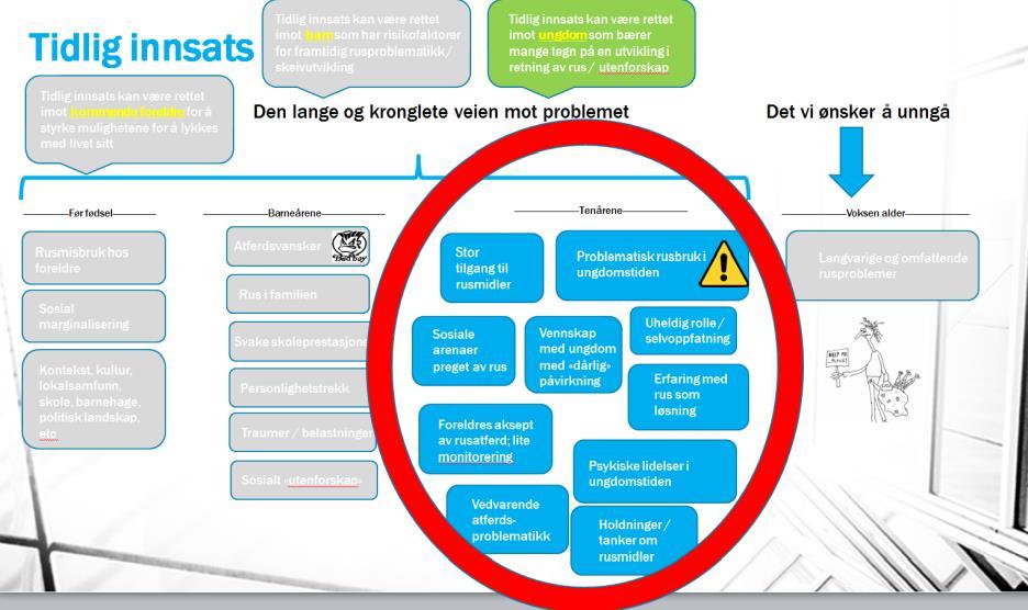 Aktuelle tiltak Som nevnt: Det er MANGE og SAMMENSATTE grunner til at noen ungdommer har en risikofylt rusbruk Det er derfor også behov for MANGE og SAMMENSATTE tiltak Spørsmål til ettertanke: Får