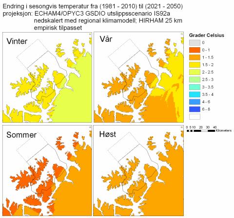 vekstsesong/varmesum, sjøtemp Lokale sesongmessige endringer Framskrivinger av noen høyst