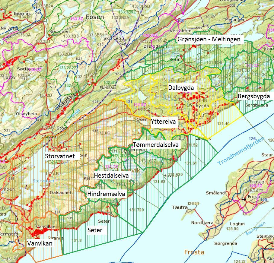 Vedlegg 4: Sonekart for Leksvik kommune Oransje sone = høyeste prioritet Gul sone