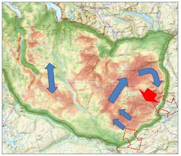 Figur 14. Villreinens arealbruk ut fra GPS-posisjoner og Sett Rein-obs. i desember for årene 2009-2016 samlet. I «Horisont Snøhetta» (Strand m.fl.