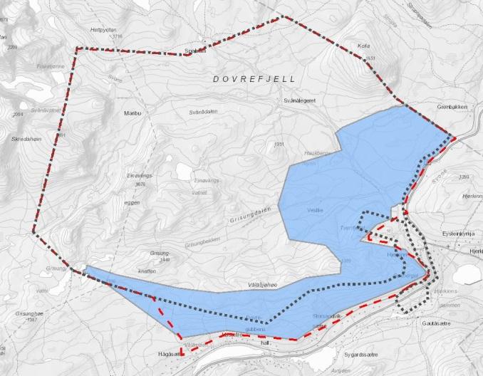 Kartet til venstre viser vernealternativ 2 med områder i NP og BVO der organisert ferdsel til fots er tillatt (uten søknad) henholdsvis i perioden f.o.m. 1. desember t.o.m. 19.