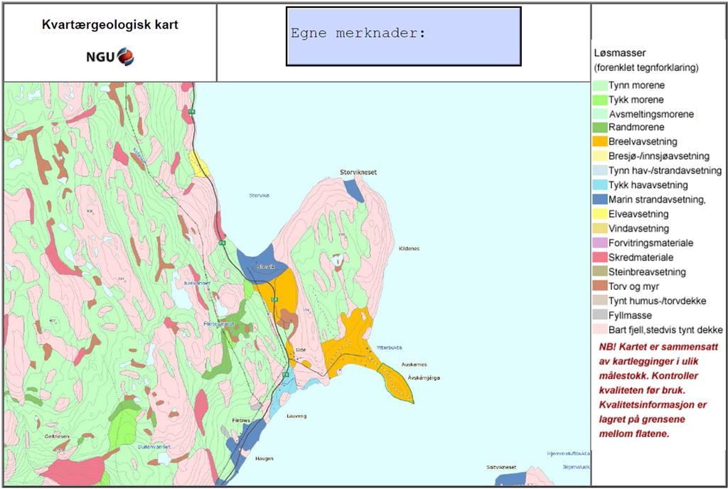 Figur 1: Kvartærgeologisk kart over området fra NGU. 2.2 BERGGRUNNEN GENERELT Berggrunnen i området består hovedsakelig av basaltisk tuff og tuffitt og metabasalt. Tegning V43.71 gir en oversikt.