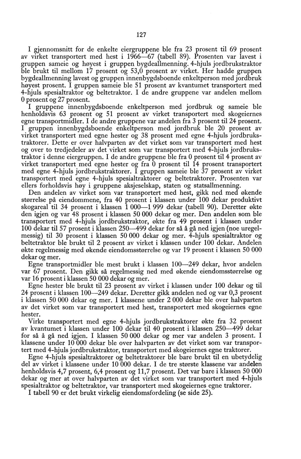 127 I gjennomsnitt for de enkelte eiergruppene ble fra 23 prosent til 69 prosent av virket transportert med hest i 1966-67 (tabell 89).