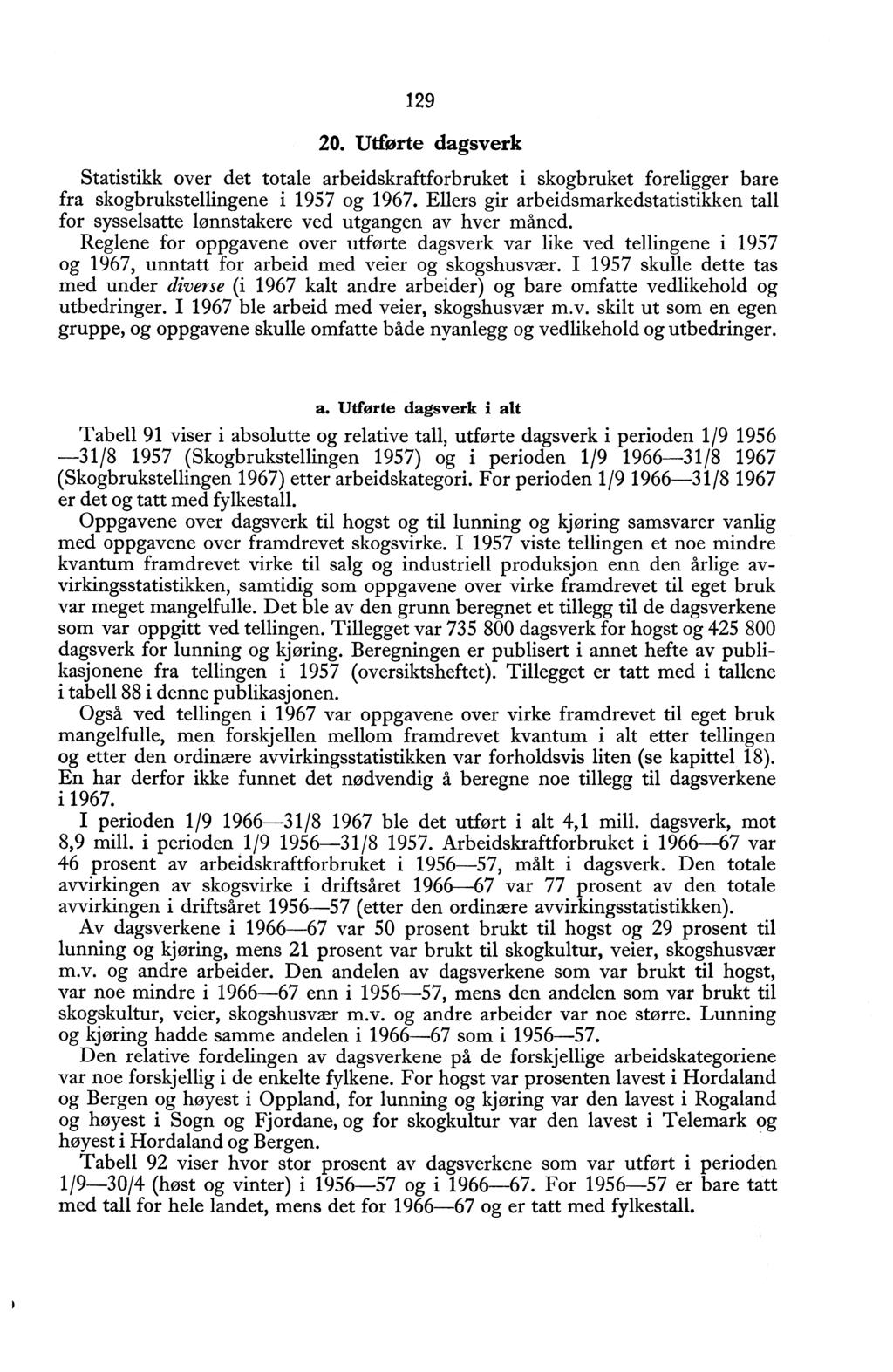 129 20. Utførte dagsverk Statistikk over det totale arbeidskraftforbruket i skogbruket foreligger bare fra skogbrukstellingene i 1957 og 1967.