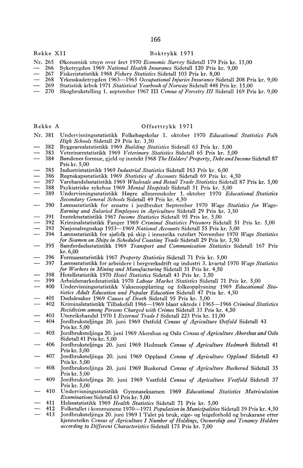 166 Rekke XII Boktrykk 1971 Nr. 265 Økonomisk utsyn over året 1970 Economic Survey Sidetall 179 Pris kr. 15,00-266 Syketrygden 1969 National Health Insurance Sidetall 120 Pris kr.