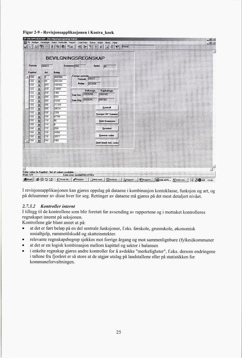 Figur 2-9 - Revisjonsapplikasjonen i Kostrakoek BEVILGNINGSREGNSKAP Periode J200412 Kommune 0301 ttjdet Sjø Kapittei Ait Beløp Li.