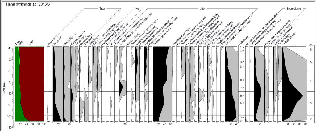 Figur 7. Pollendiagram Hana dyrkningslag profil 1, analyse av 10 prøver. Prosentvis fordeling av pollen fra trær, busker, urter og sporeplanter samt mikroskopisk trekull.