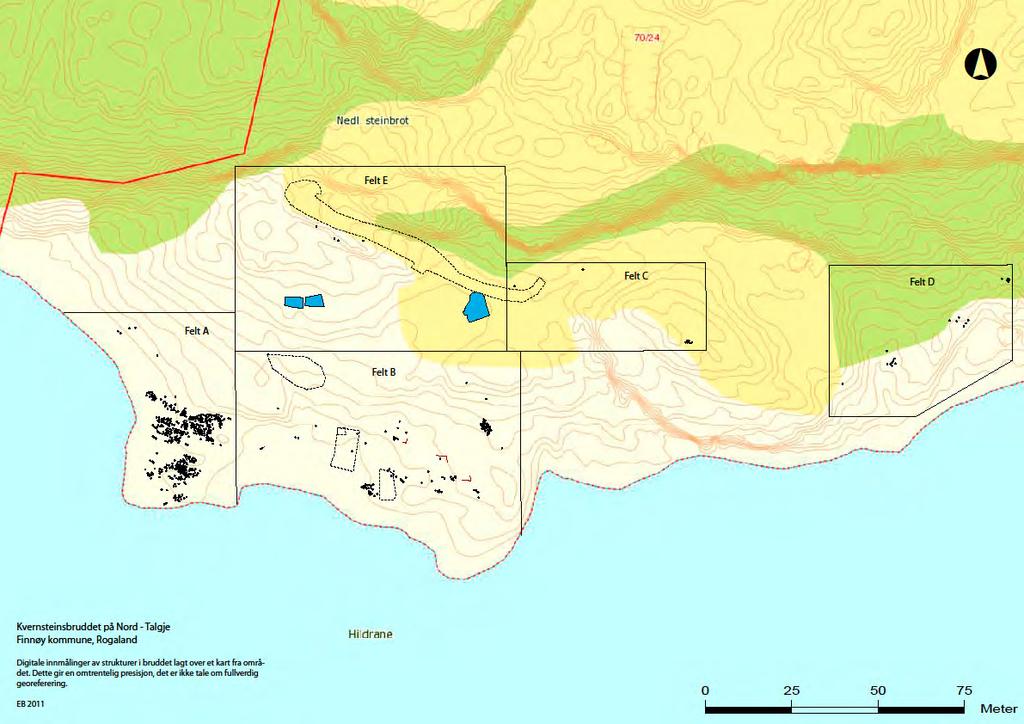 Beskrivelse og inndeling i feltene A til E Til sammen dekker kvernsteinsbruddet på Nord-Talgje 20 600 m 2. Området ligger på Hildrane, helt sør på øya.