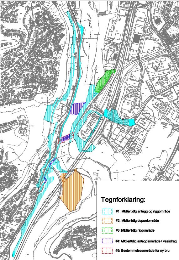 Side 7 9 - BESTEMMELSESOMRÅDE #1 Midlertidig anlegg-, rigg og deponiområder Arealene kan benyttes til all virksomhet som er nødvendig for gjennomføring av veganlegget, rigg, lagerplass