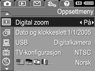 6 Bruke oppsettmenyen På Oppsettmeny kan du endre flere kamerainnstillinger, for eksempel kameralyder, dato og