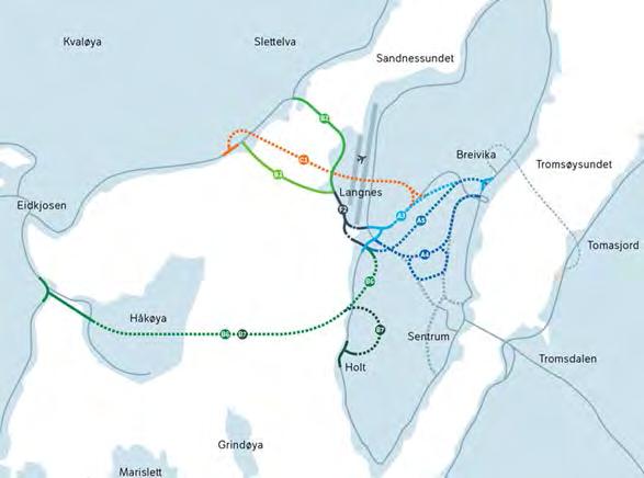 Figur 9 Kart over utredede trasealternativ Alternativ 1: Breivika Langnes Kvaløysletta (parallell bru) (A3+F2+B2) Alternativet starter i den midterste rundkjøringen i Breivika med tunnelpåhugg nord