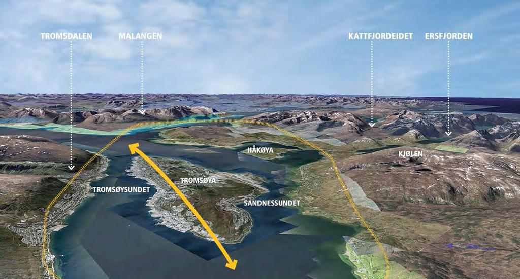 Store Blåmann og fjellene i Ersfjorden og Kattfjordeidet, Malangen og på Ringvassøya til å danne et storskala landskapsrom.