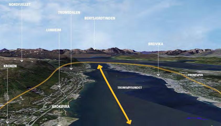 1. Tromsøysundet Tromsøysundet ligger i hovedretningen nord-sør der sundet smalner inn mot sør og åpner seg mot nord.
