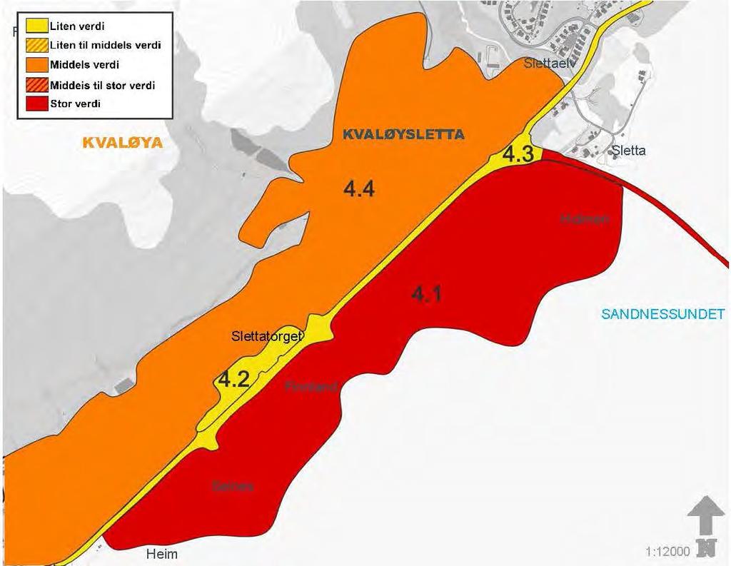 Verdikart Kvaløysletta Omfang og konsekvens Tiltaket fører til arealinngrep i enhetlig område 4.1 Selnes og 4.4 Eneboliger. I tillegg påvirkes det store overordnede landskapsrommet 2. Sandnessundet.