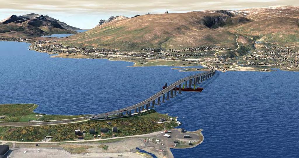 Figur 46 Illustrasjon av alternativ B2 parallell bro sett fra nordøst Sandnessundbrua er sammen med Tromsøysundbrua ikoniske landemerker i Tromsø.