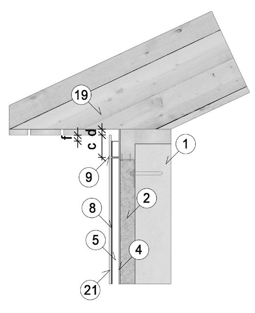 Monteringsdetaljer - skruer på trelekter Vertikal snitt takutspring 1 3 Bærende vegg 3 2 3 Isolasjon 3 4 3 Windstopper (vindsperre) 3 5 3 Luftespalte min 23 mm 3 8 3 EPDM gummilister