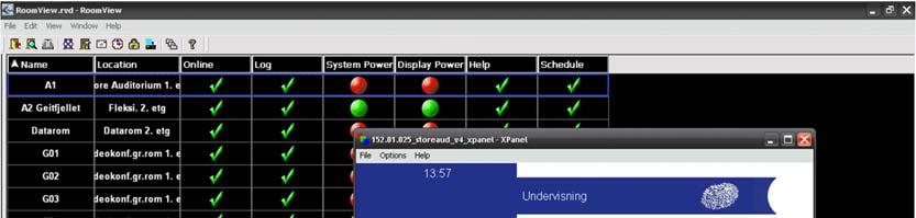 Figur 24. Eksempel på skjermbilde fra programvare for driftsstøtte. Oversiktsbilde med driftsstatus for hvert enkelt rom og brukergrensesnitt for fjernstyring av et av rommene.