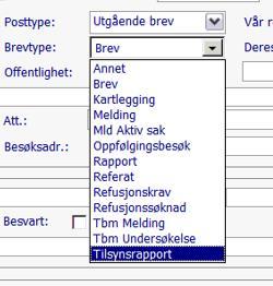 - Kan også benyttes til å gi andre påminnelser om oppfølging av brevet, for eksempel telefonsamtaler vedr. innhold. Brevtype Alle postjournaler må knyttes til en Brevtype. Denne styrer bl.a. dokumentnummereringen, i tillegg letter den videre søk i Postjournal-bildet.