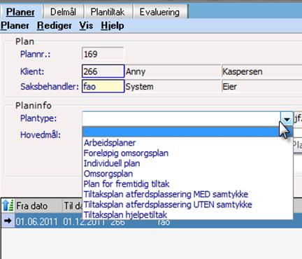 Dette er valgene i feltet: Arbeidsplaner - dette valget er ikke knyttet til lovhjemmel, men benyttes for eksempel i tilknytning til omsorgsplan. Varighet Angir fra-til dato på planen.