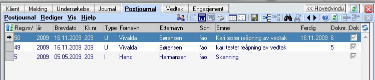 Du finner også postjournalen som egen fane i klientens mappe. Klikk på fanen Postjournal for å åpne listen.