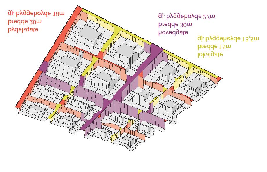 Ovenfor vises en skjematisk fremstilling av et byplanmønster der byrommene har avstand på maksimalt 70 meter, og der det er vist tre ulike byromsbredder: hovedgate på 30 m, bydelsgate på 27m og