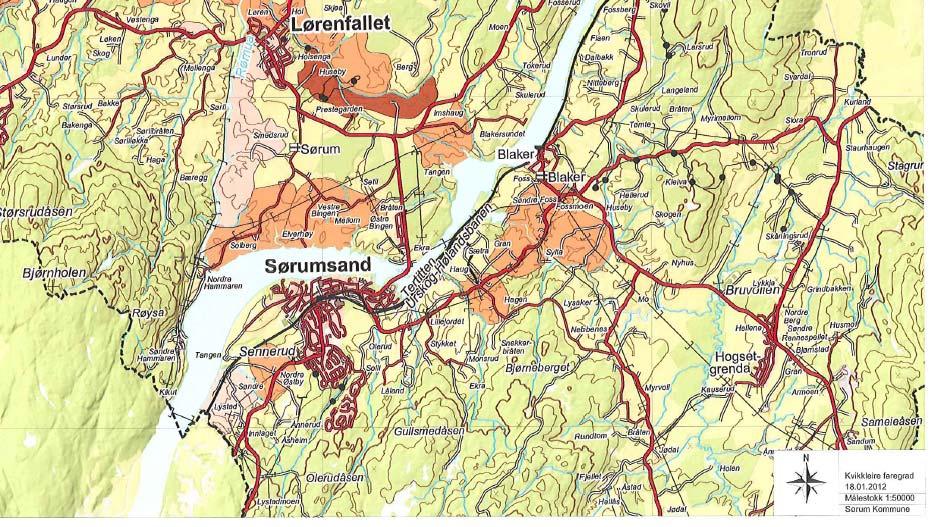 Side 5 Det er ikke påvist kvikkleire innenfor reguleringsområdet, og faregradskart over Sørum kommune viser ikke kjent kvikkleireforekomster innenfor reguleringsområdet. Fig.