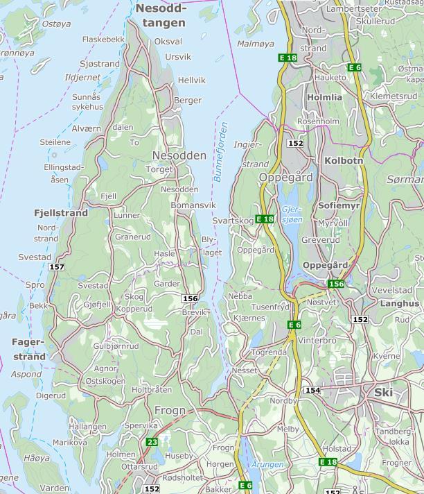 2 BESKRIVELSE AV PROSJEKTET 2.1 Planområdet Figur 3: Fv.156 strekker seg fra Nesoddtangen til Frogn/Oppegård. Planområdet befinner seg innenfor stiplet rektangel.