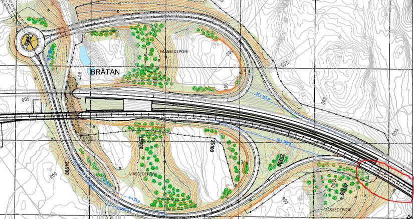 Frogntunnelens tunnelportal og ramper til ny fv.156, men selv med fravik kan hastighet ikke skiltes mer enn 80 km/t gjennom kryssområdet. Figur 14: Bråtankrysset slik det er regulert.