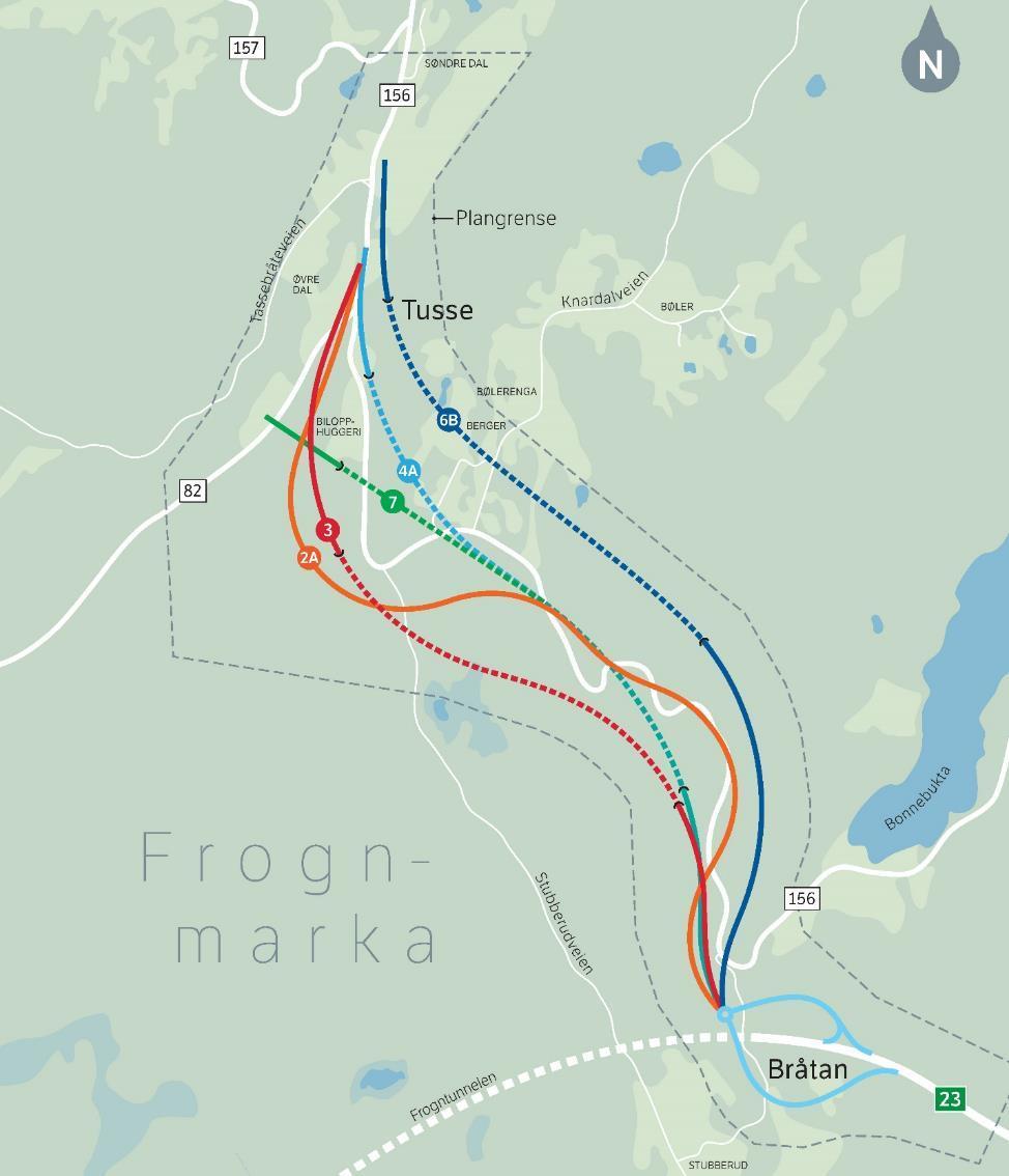 Trasealternativer i høringsutgaven av planprogrammet I høringsutgaven av planprogrammet ble følgende trasealternativer presentert: 1A, 2A, 3, 4A, 6B og 7.