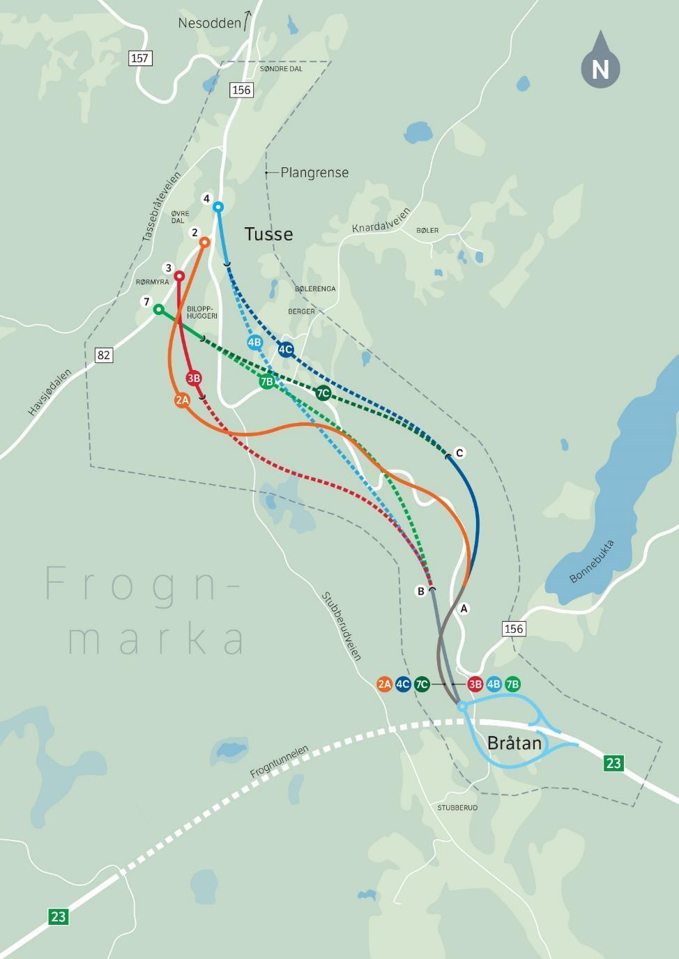 Figur 23: Traseer som konsekvensutredes. Stiplet svart linje viser planavgrensningen.