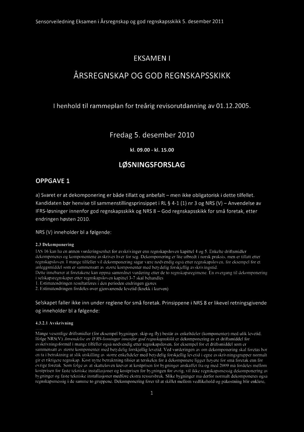 EKSAMEN I ÅRSREGNSKAPOG GOD REGNSKAPSSKIKK I henhold til rammeplan for treårig revisorutdanning av 01.12.2005. Fredag 5. desember 2010 kl. 09.00 - kl. 15.