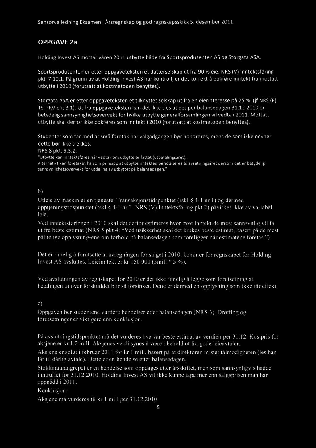 OPPGAVE2a Holding Invest AS mottar våren 2011 utbytte både fra Sportsprodusenten AS og Storgata ASA. Sportsprodusenten er etter oppgaveteksten et datterselskap ut fra 90 % eie.