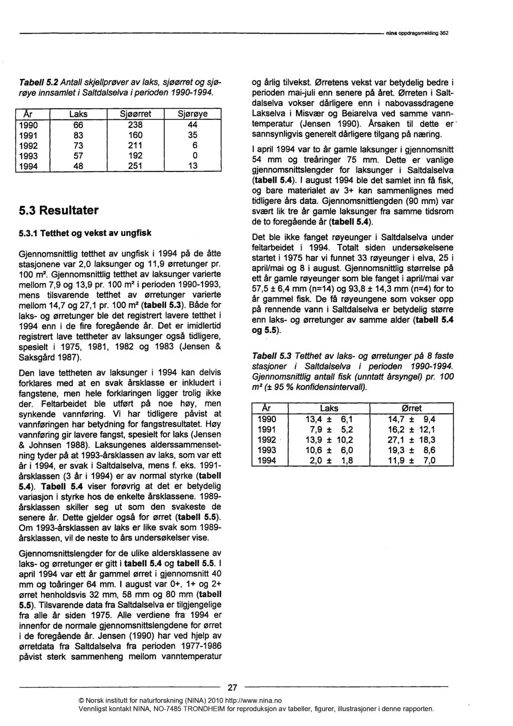 Tabell 5.2 Antall skjellprøver av laks, sjøørret og sjørøye innsamlet i Saltdalselva i perioden 1990-1994.