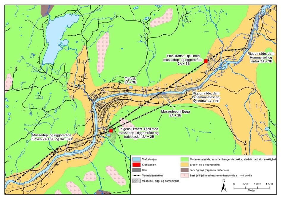 Figur 3.3 Løsmassegeologi i influensområdet. (Kartet er ikke oppdatert med hensyn til kraftverksalternativer). 3.9.