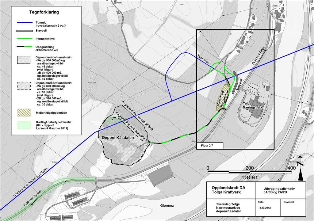 46 Figur 2.6 Alle utbyggingsalternativer. Tverrslag ved Tolga Næringspark, massedeponi Kåsdalen med omlegging og oppgradering av veier, samt kartlagte naturtypelokaliteter fra KU.