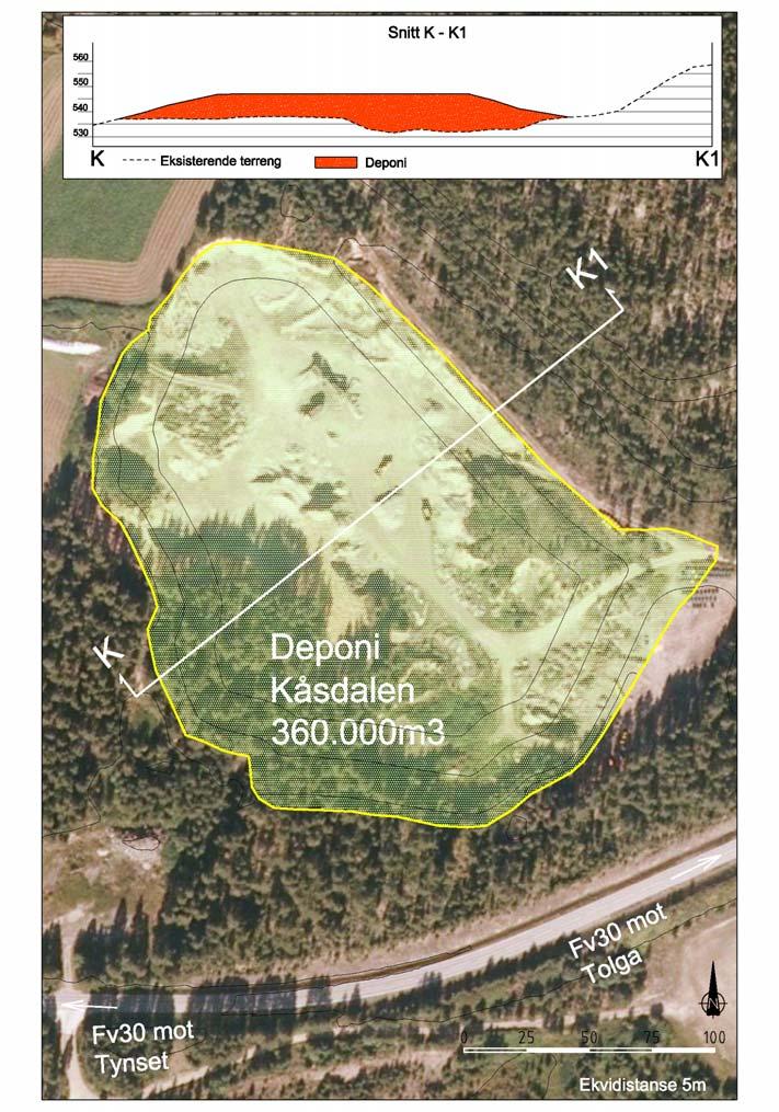 Med det største deponivolumet i Kåsdalen, som vist i figur 2.9, vil bestående landbruksvei nord for dagens uttaksområde, måtte legges om.