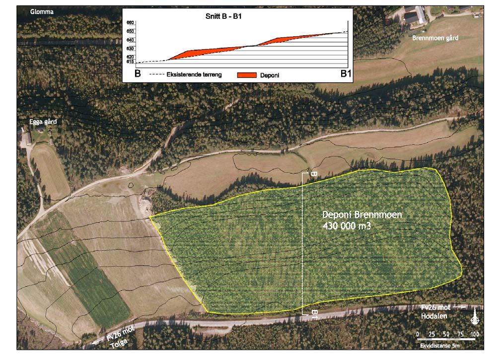 Deponi Brennmoen Med utbygging av alternativ 2A eller 2B, vil det bli deponert henholdsvis ca. 390 000 m 3 eller 430 000 m 3 tunnelmasse i deponiet ved Brennmoen, jf. figurene 2.3 og 2.11. Figur 2.