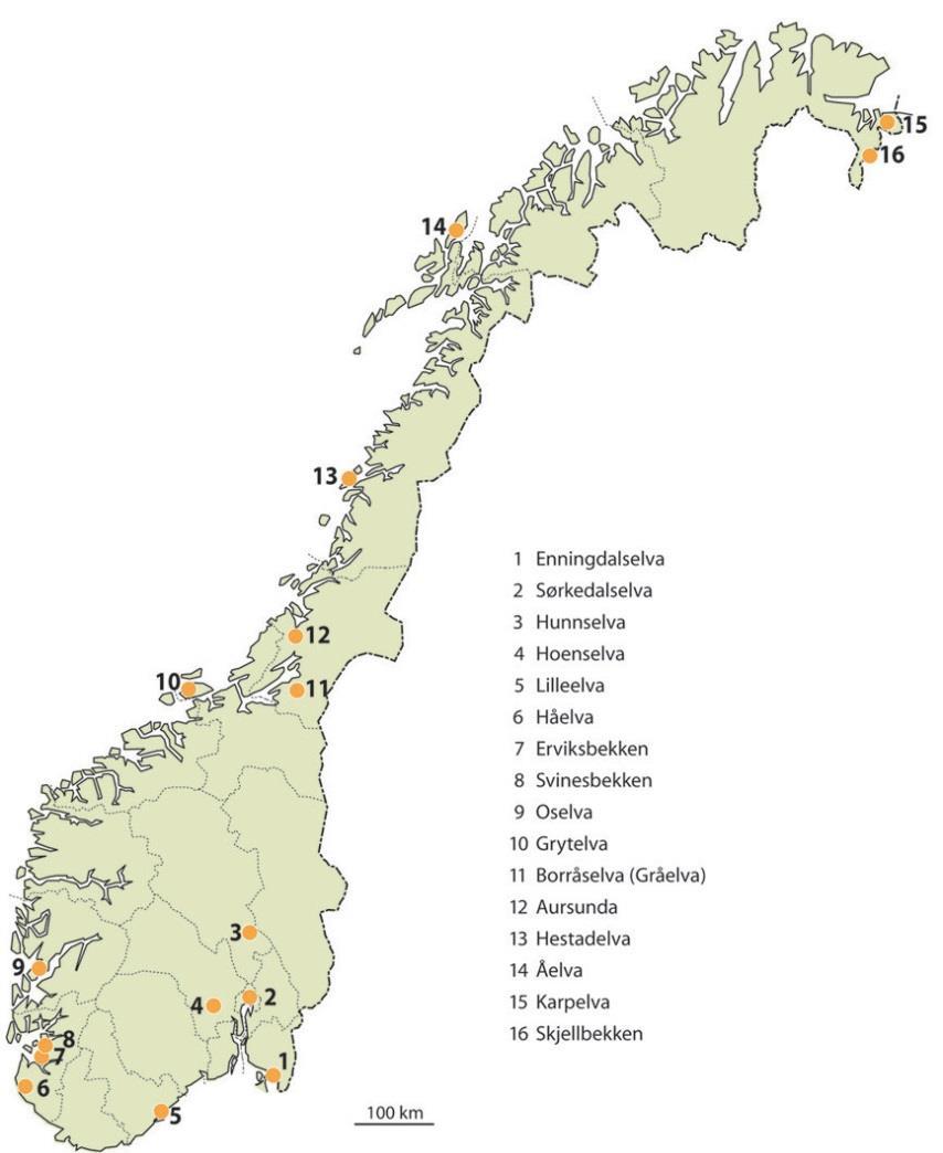 Figur 1. Lokaliteter som inngår i det nasjonale overvåkingsprogrammet for elvemusling i Norge. Tabell 1.