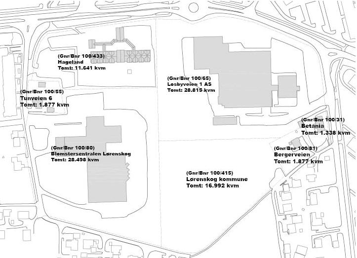 N Figur 1: Planområdet med dagens bebyggelse 3. Topografi og grunnforhold Tomteområdet er i dag en blanding av bebygd areal med næringsbygg og enkelte boliger.